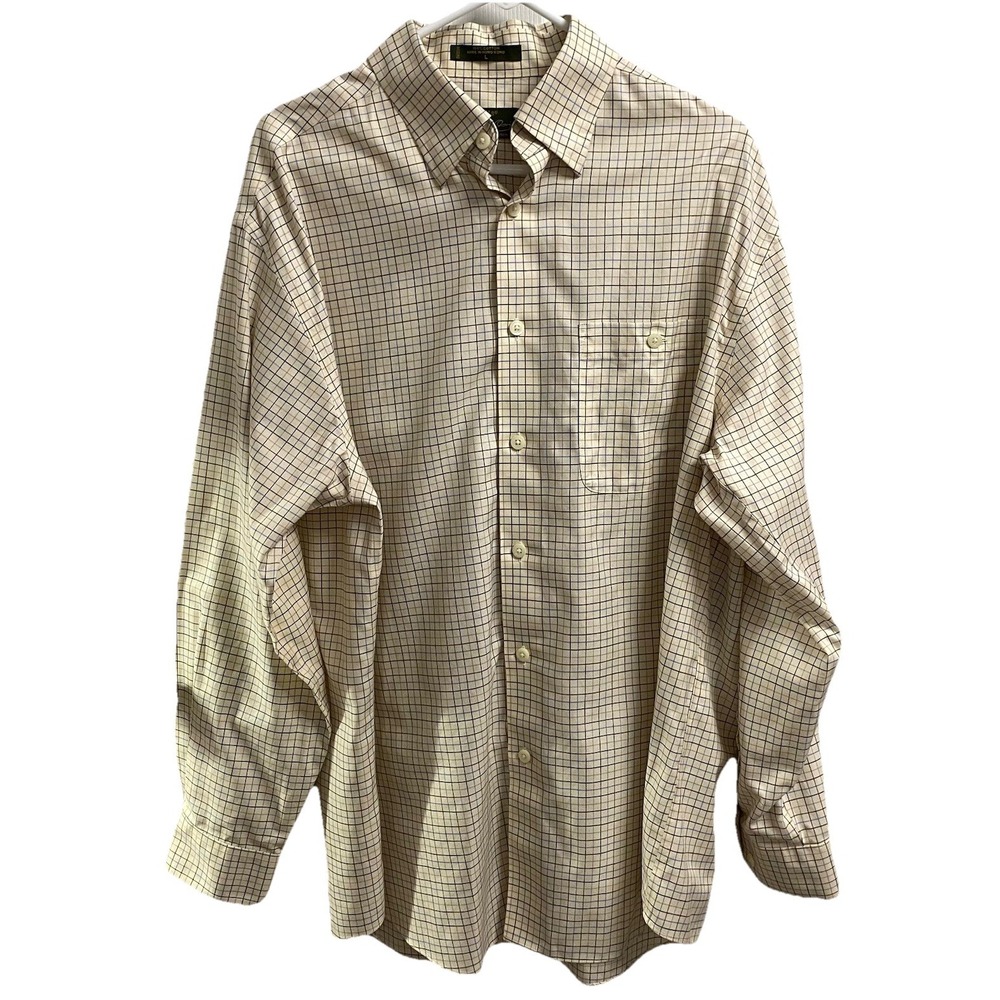 Orvis Mens Cream/Brown/Blue Plaid Button Up Dress Shirt Sz. L L=31 C=50 S=25 EUC